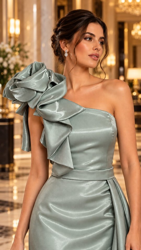 Um vestido que faz do detalhe o grande protagonista. ✨

A modelagem de um ombro só ganha destaque com o volume escultural, enquanto a cintura marcada valoriza a silhueta. O caimento acompanha o corpo com elegância, e o brilho suave do tecid