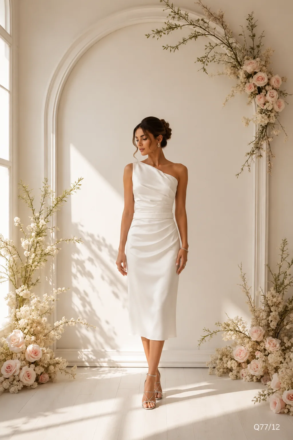 Vestido de Noiva Midi Ombro Único Drapeado