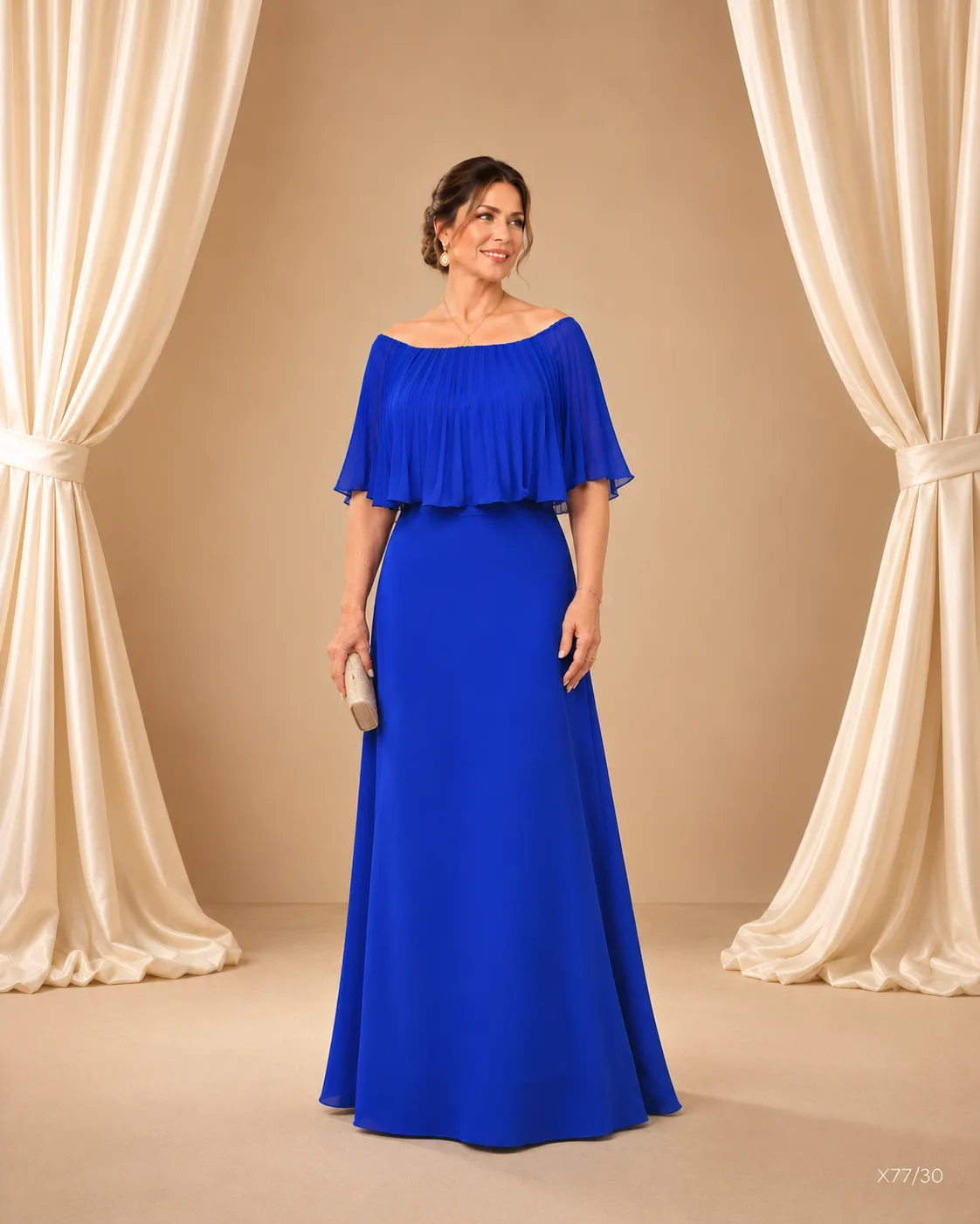Vestido Longo Ombro a Ombro com Pelerine Plissada