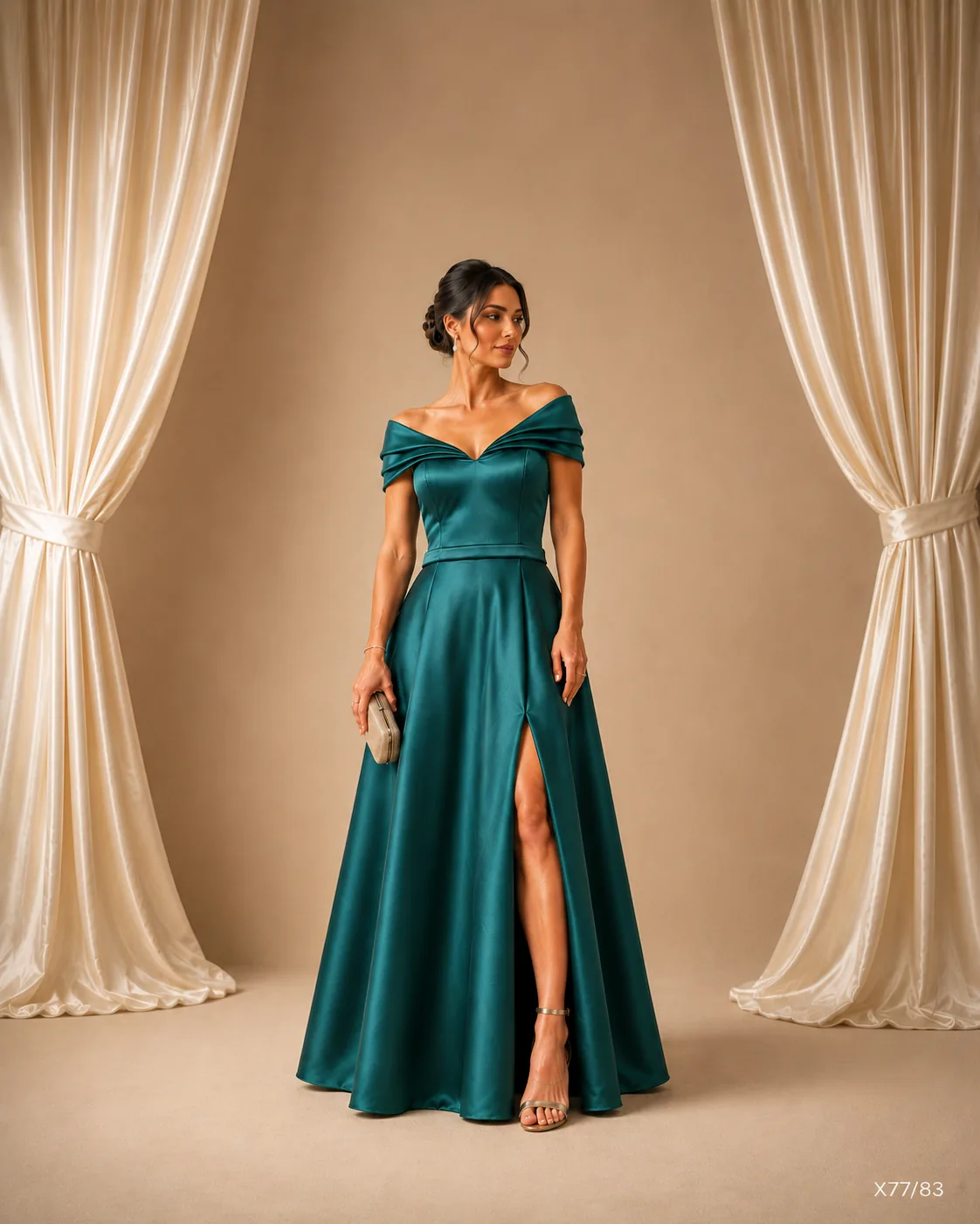 Vestido Longo Godê Duplo com Pregas e Dobrão Ombro a Ombro